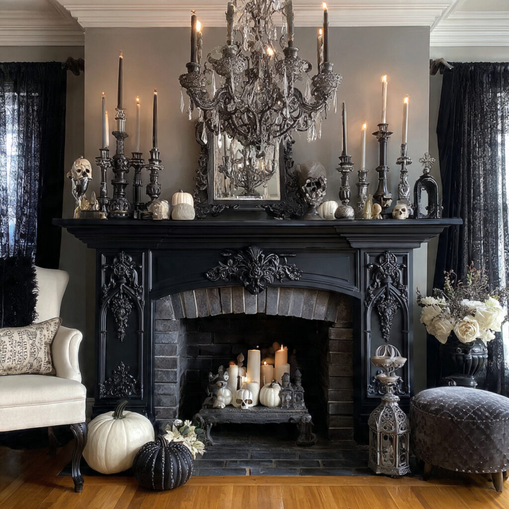 a mantel with an ornate black or