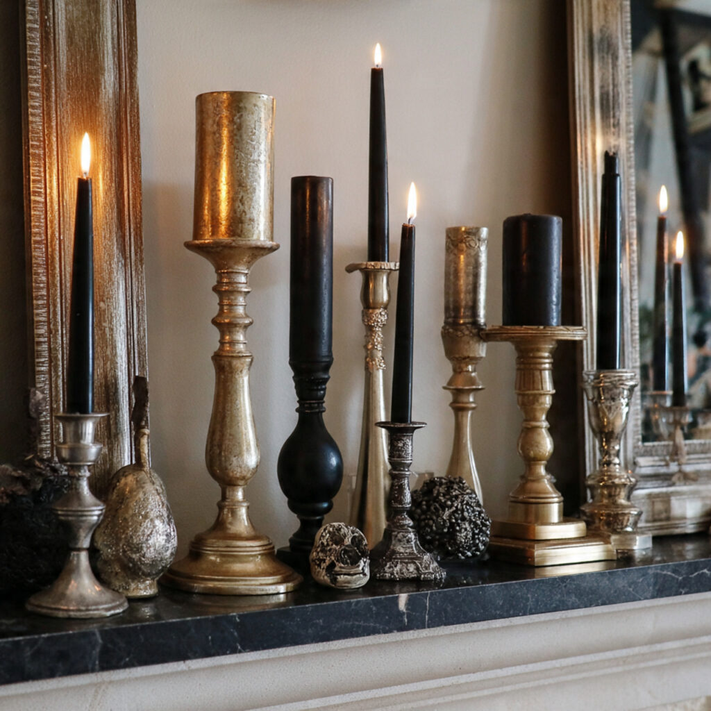 a mantel with many candlesticks in different