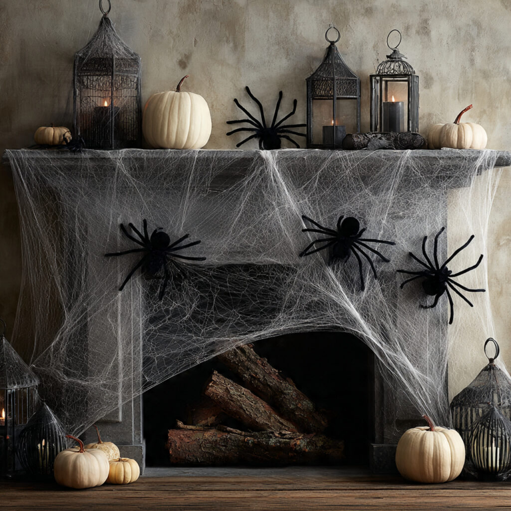a mantel with realistic spiderweb material layered
