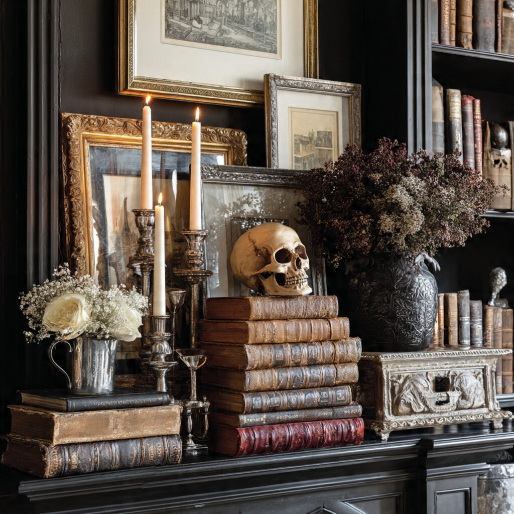 a mantel with stacked old books candlesticks