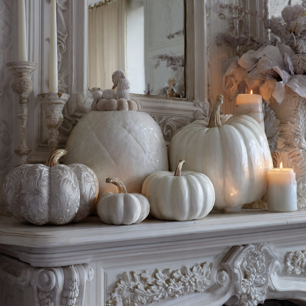 a mantel with white pumpkins in various