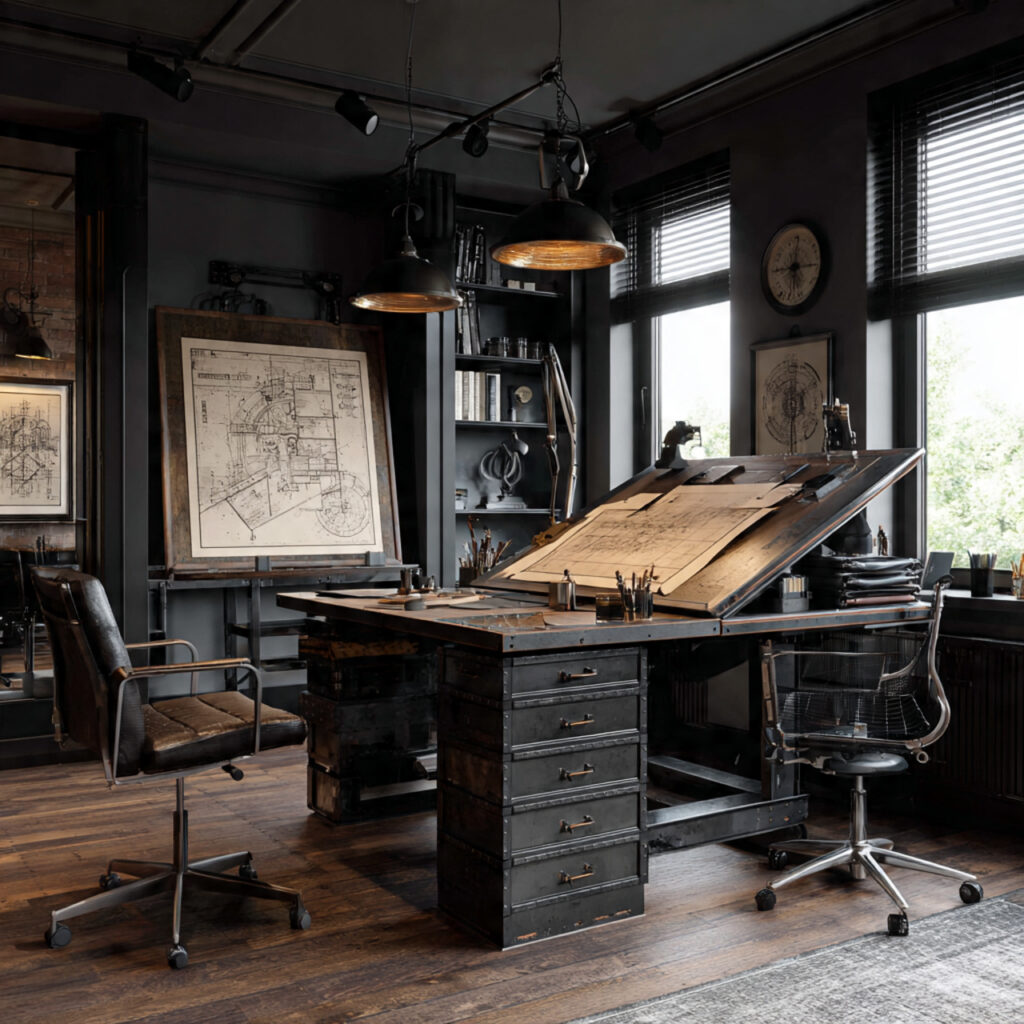 27 Masculine Home Office Ideas That Look Sleek and Powerful 24 a masculine creative home office featuring an
