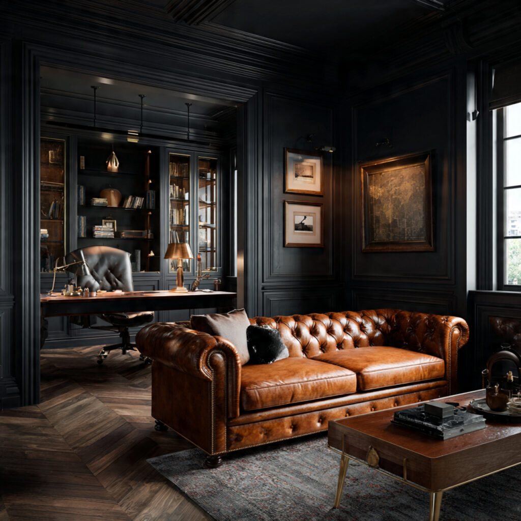 27 Masculine Home Office Ideas That Look Sleek and Powerful 17 a masculine home office featuring a cognac