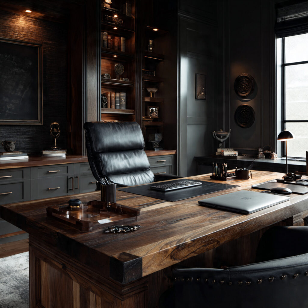 27 Masculine Home Office Ideas That Look Sleek and Powerful 2 a masculine home office featuring a large