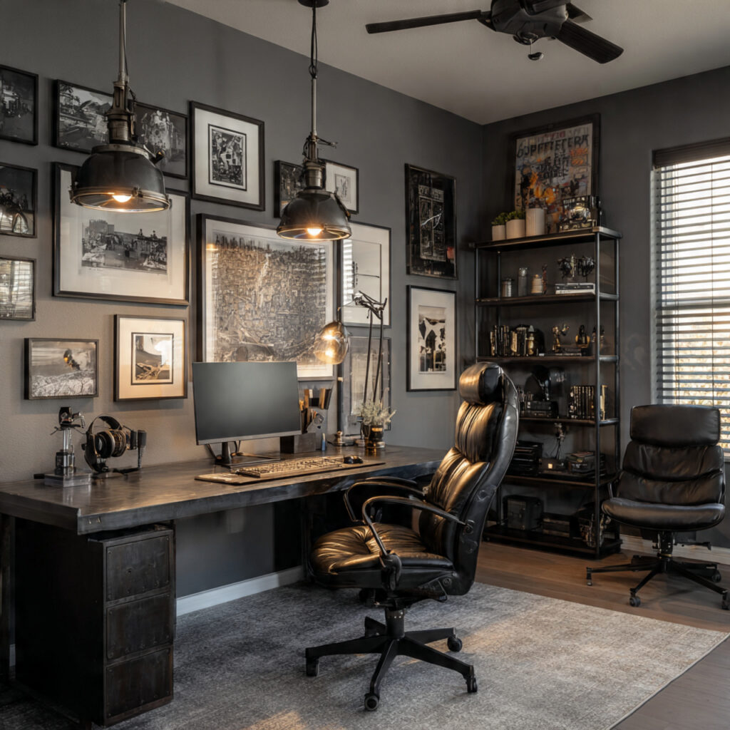 27 Masculine Home Office Ideas That Look Sleek and Powerful 22 a masculine home office featuring gunmetal gray