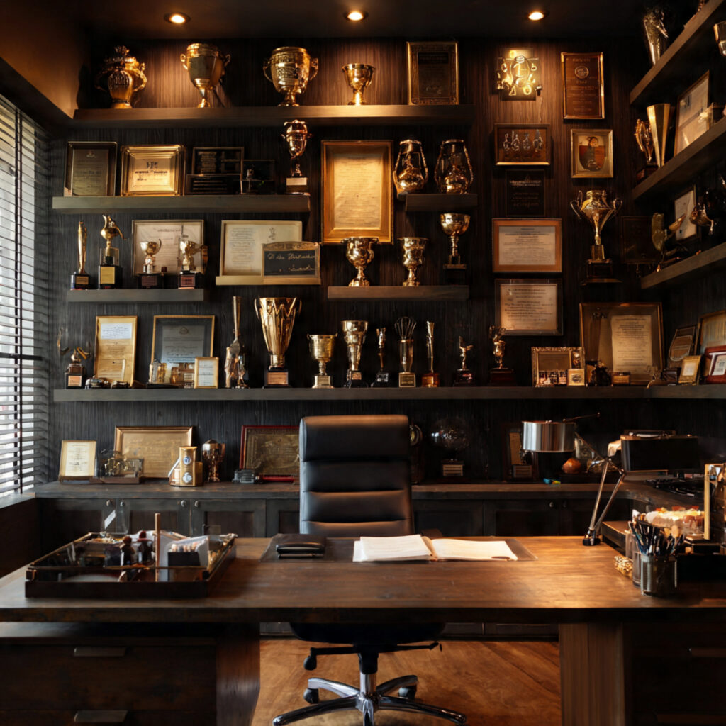 27 Masculine Home Office Ideas That Look Sleek and Powerful 27 a masculine home office showcasing trophies and