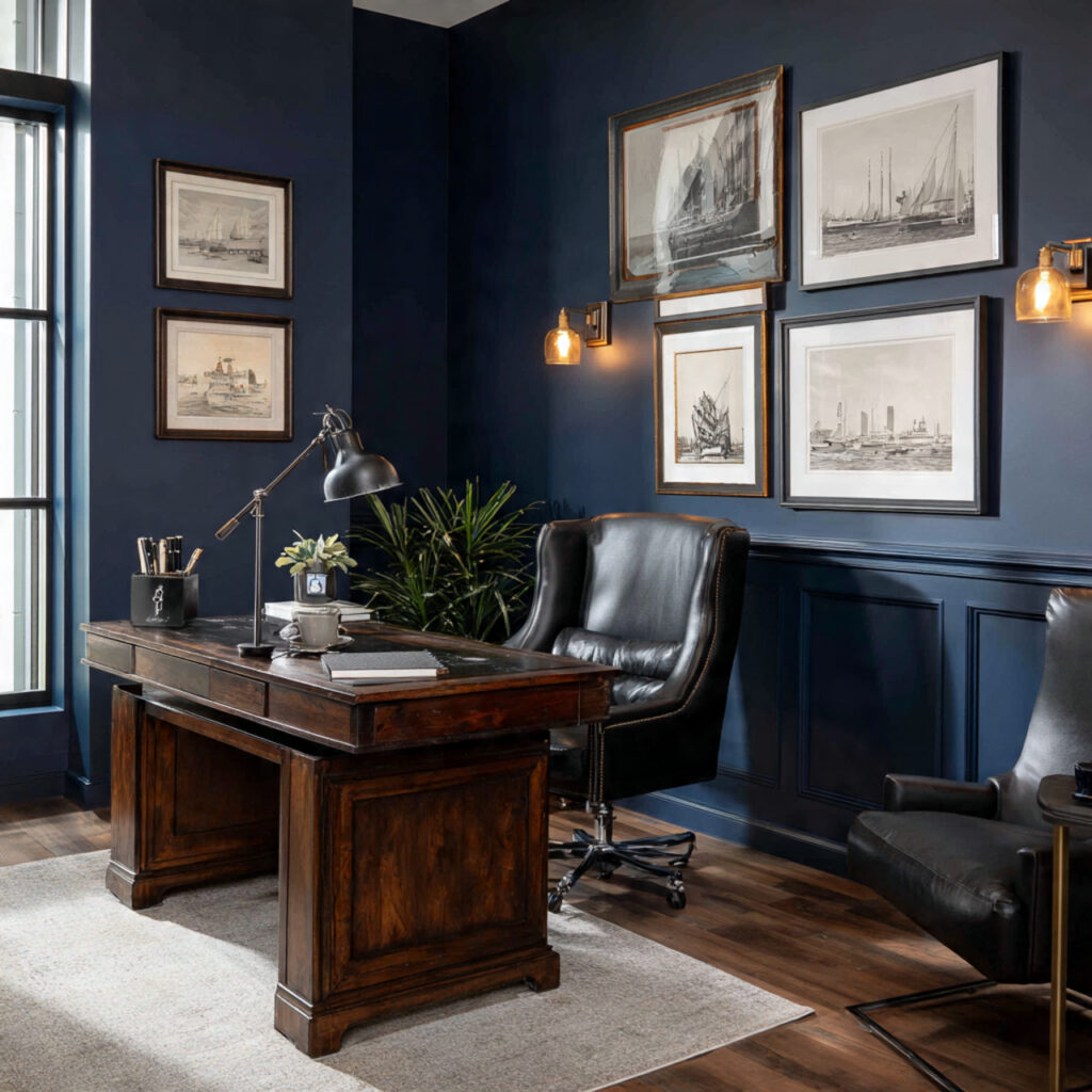 27 Masculine Home Office Ideas That Look Sleek and Powerful 5 a masculine home office with a deep