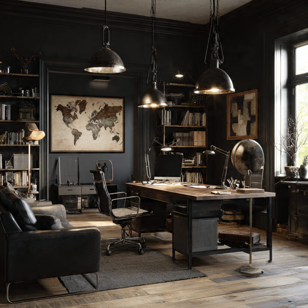 27 Masculine Home Office Ideas That Look Sleek and Powerful 25 a masculine home office with black metal