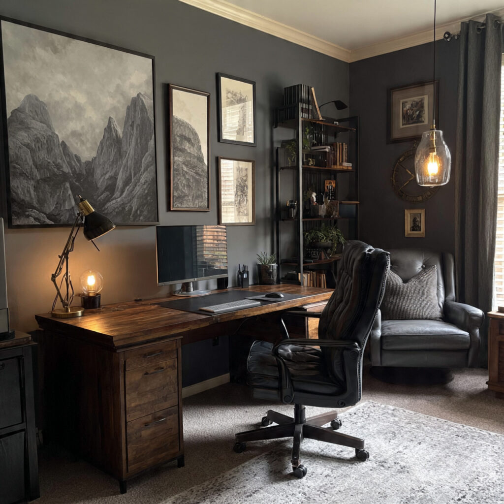 27 Masculine Home Office Ideas That Look Sleek and Powerful 11 a masculine home office with charcoal gray