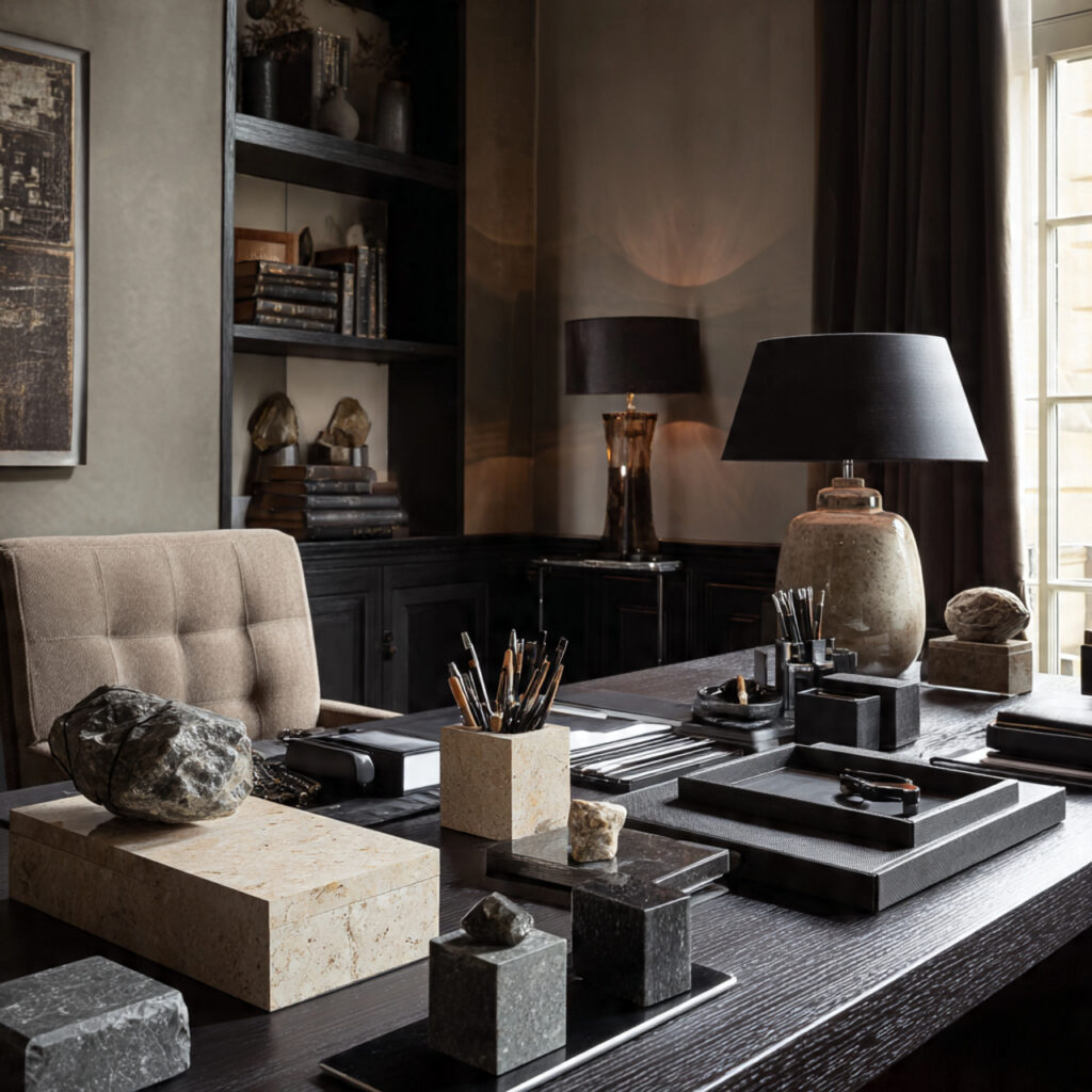 27 Masculine Home Office Ideas That Look Sleek and Powerful 26 a masculine office interior with stone and