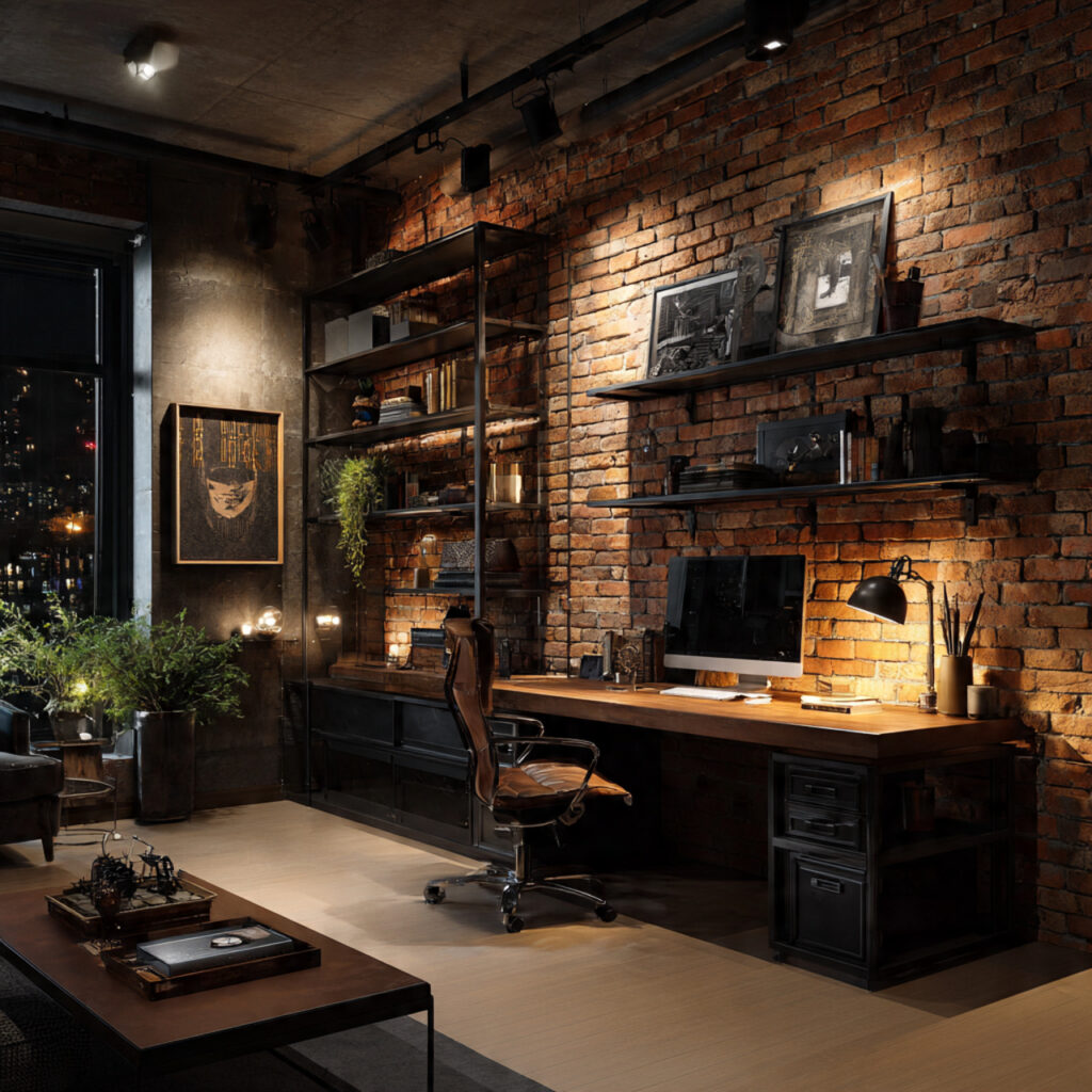 27 Masculine Home Office Ideas That Look Sleek and Powerful 6 a masculine urban home office featuring an