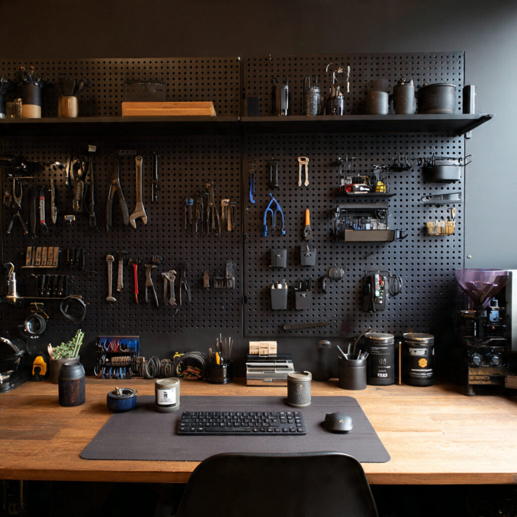 27 Masculine Home Office Ideas That Look Sleek and Powerful 16 a masculine workspace with a black pegboard