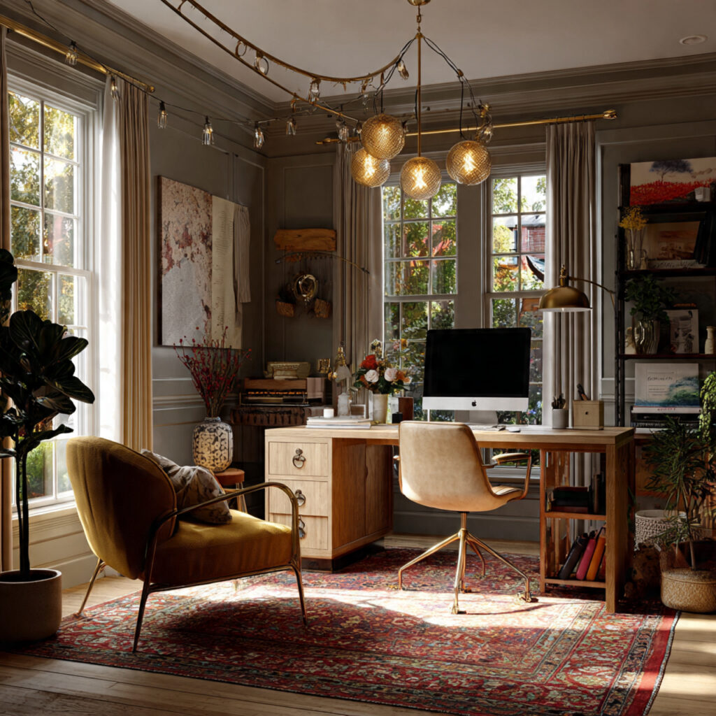 a maximalist home office interior featuring eclectic