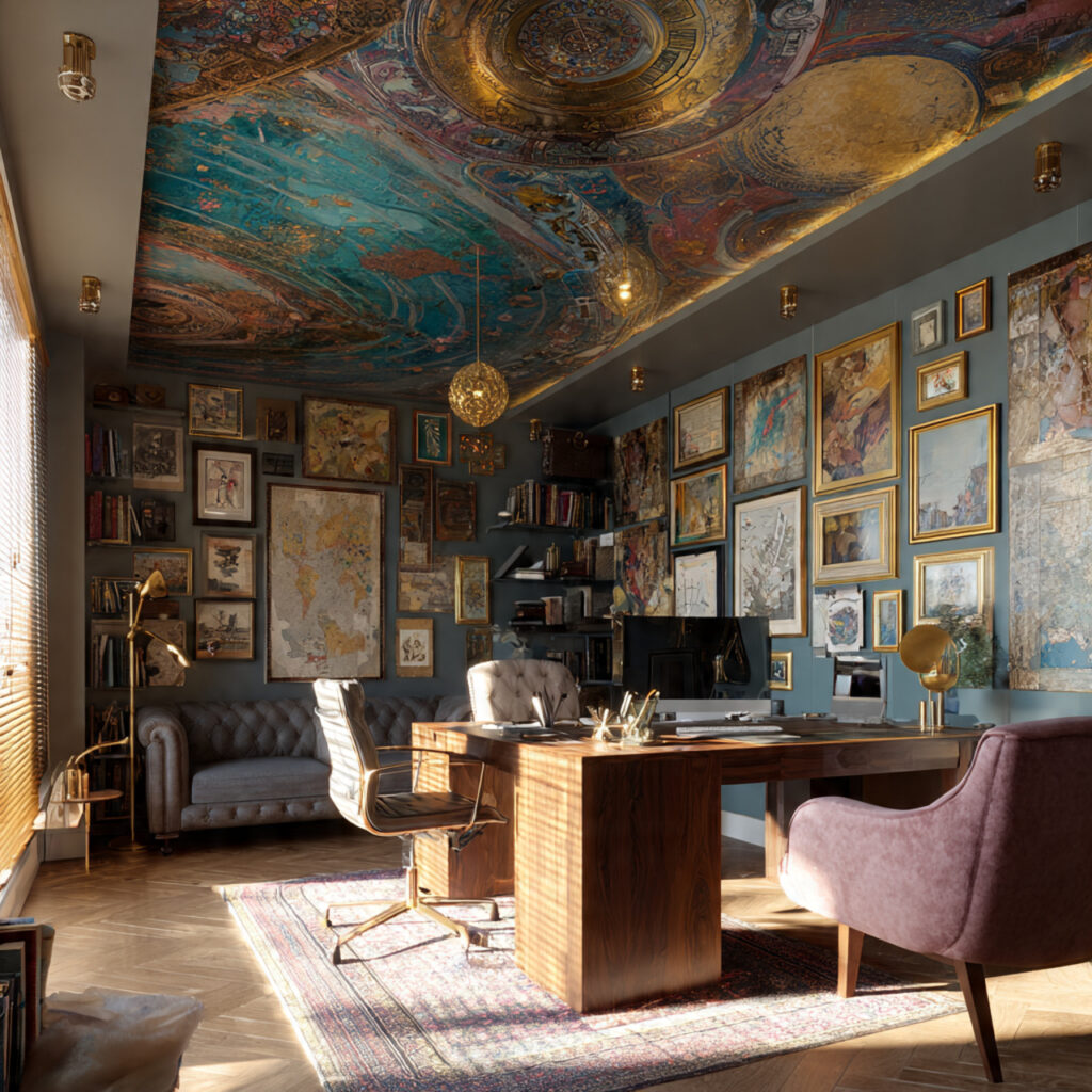 a maximalist home office with a bold