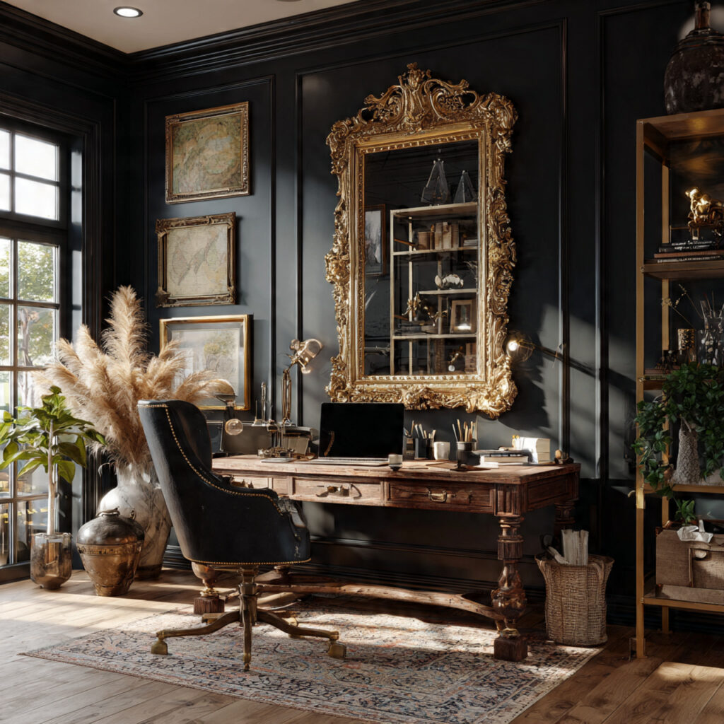 a maximalist home office with a large