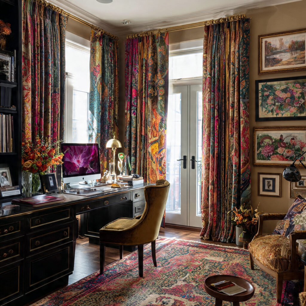 a maximalist home office with bold colorful