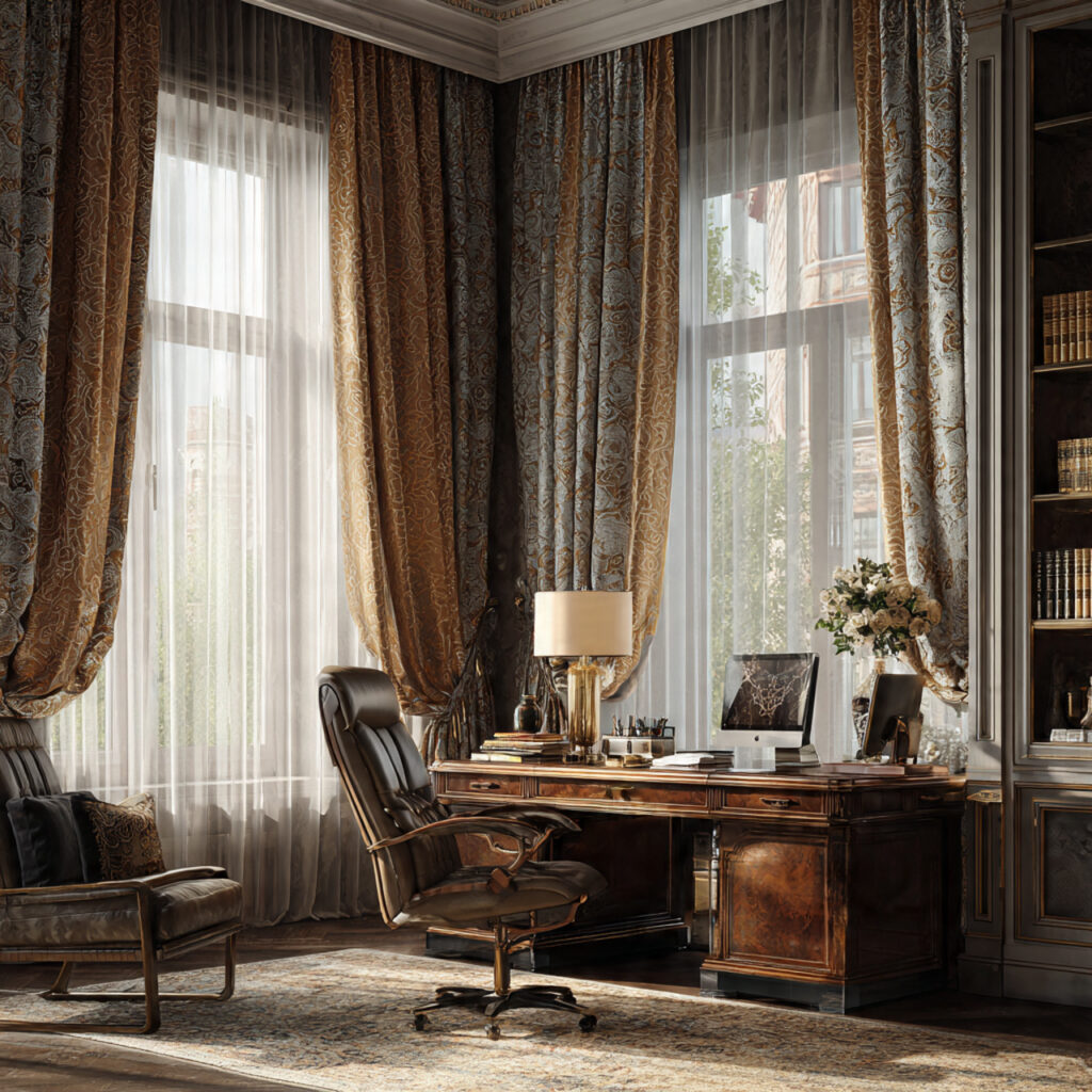 a maximalist home office with layered window