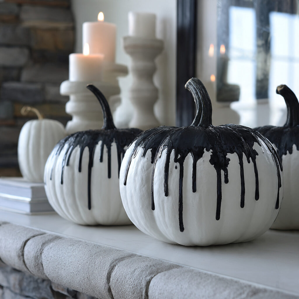 a modern halloween display using white pumpkins