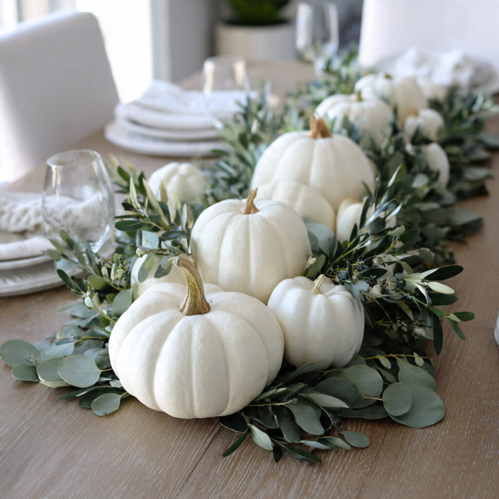 a modern thanksgiving table centerpiece featuring white