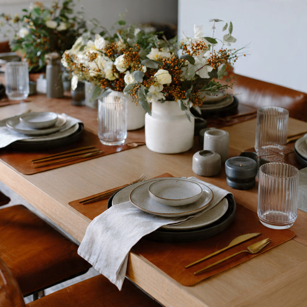 a modern thanksgiving table using leather placemats