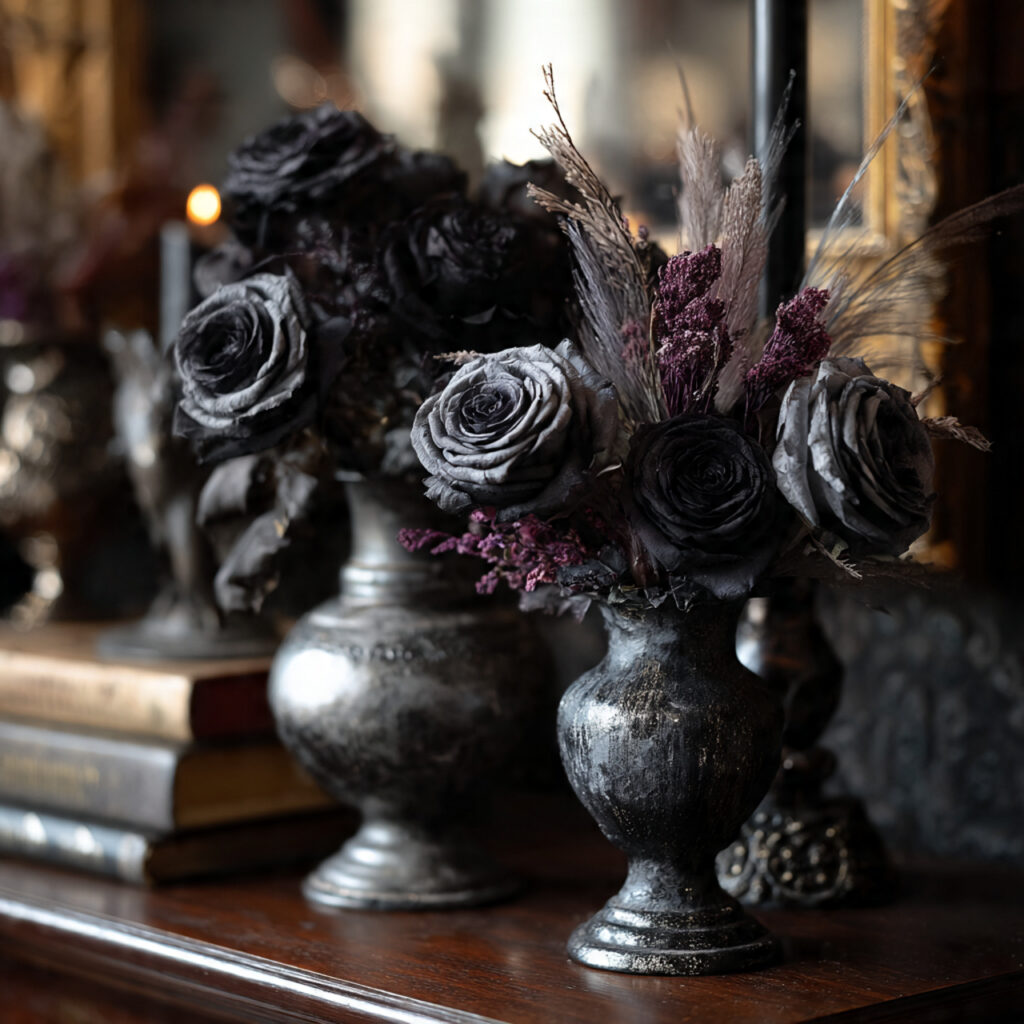 a moody halloween arrangement using dried black