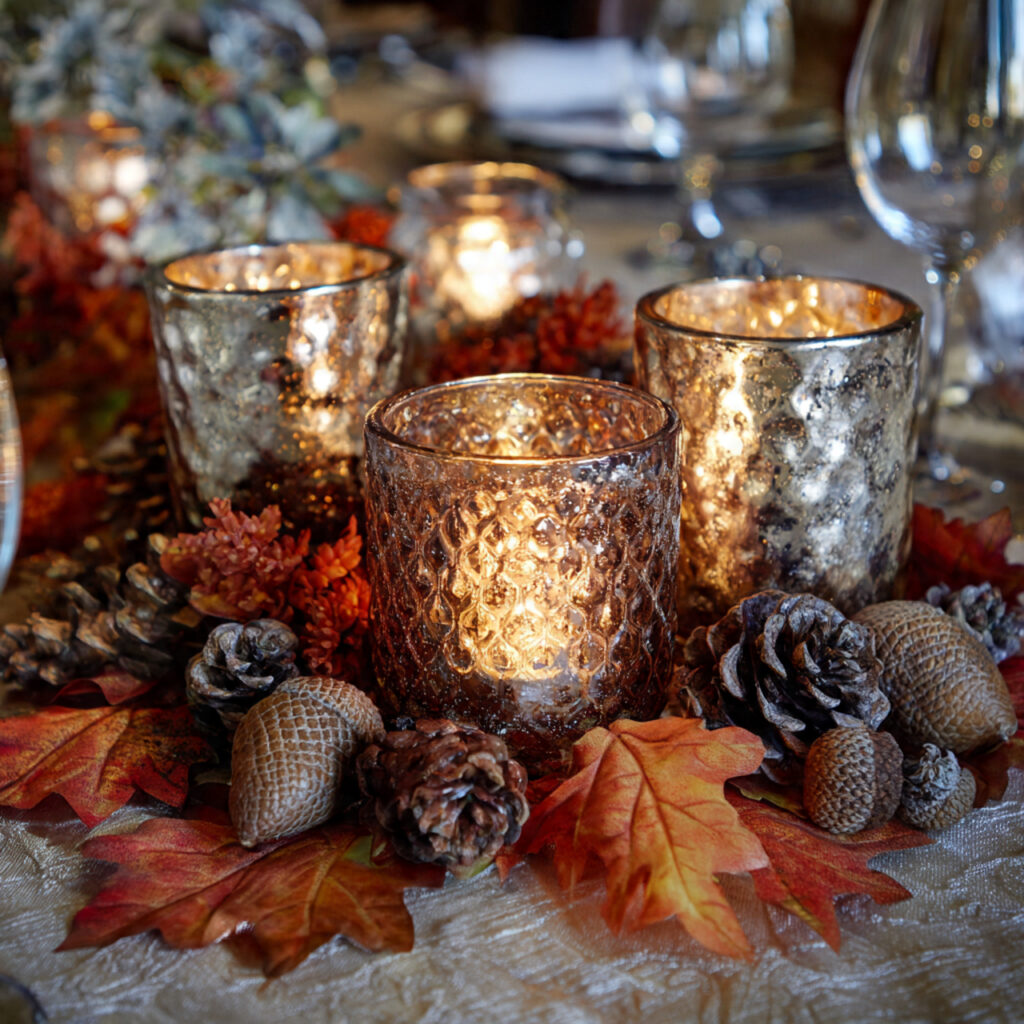 a romantic thanksgiving centerpiece using mercury glass