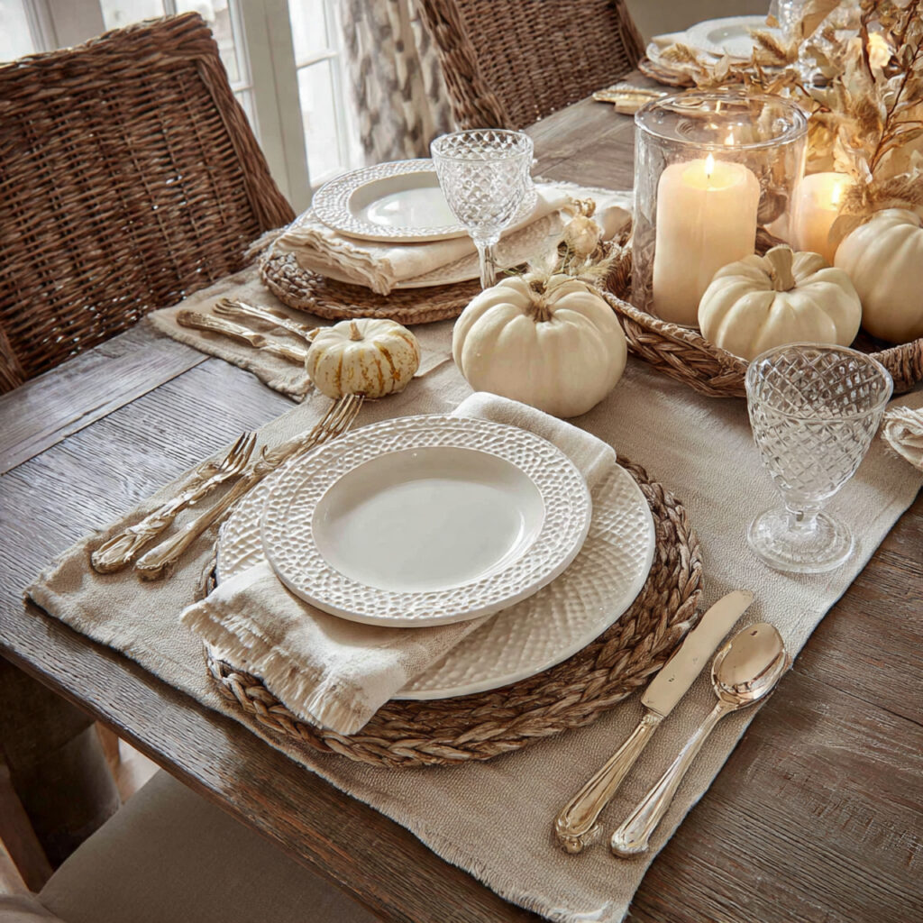 a sophisticated thanksgiving table using white plates