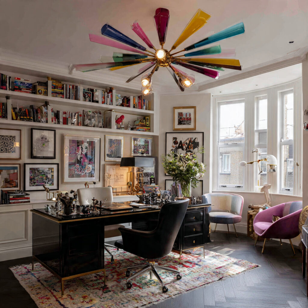a stylish home office with a colorful