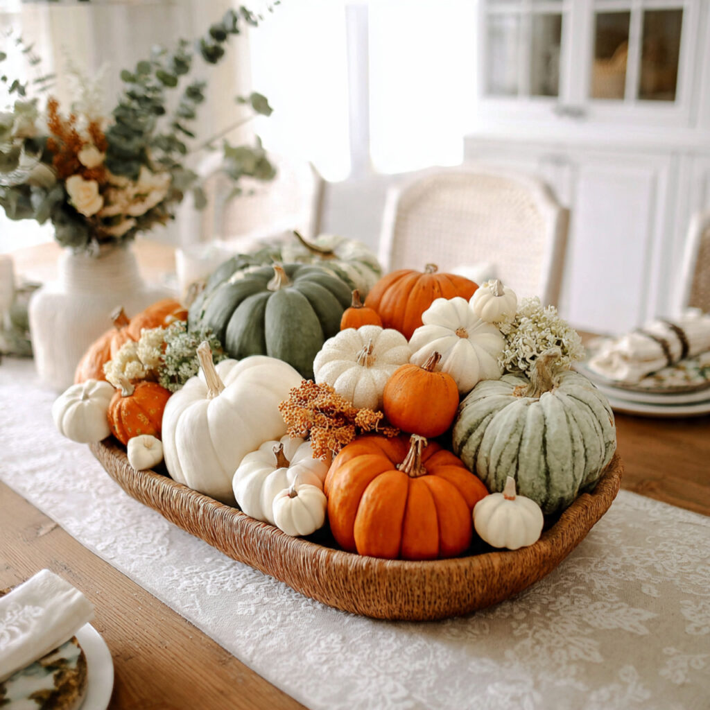 a table centerpiece filled with pumpkins and