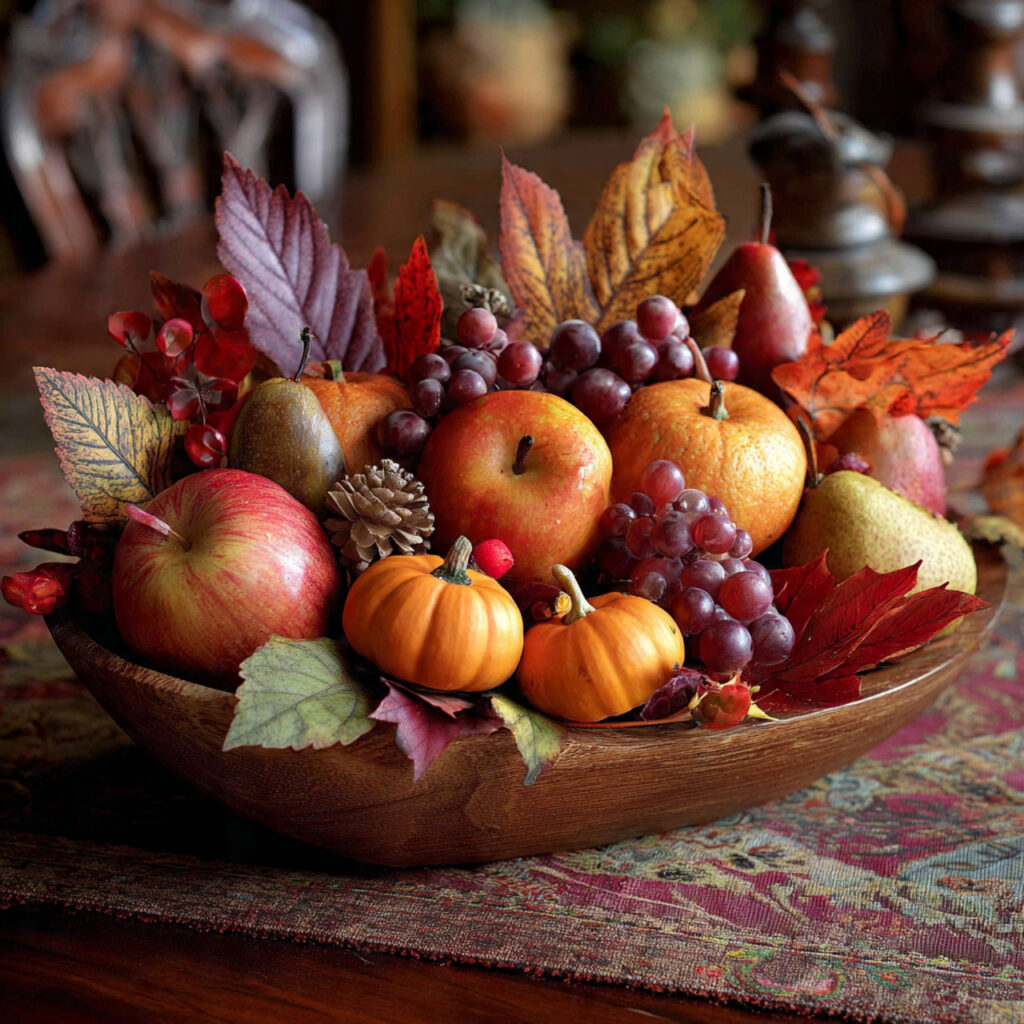 a thanksgiving centerpiece using a wooden bowl