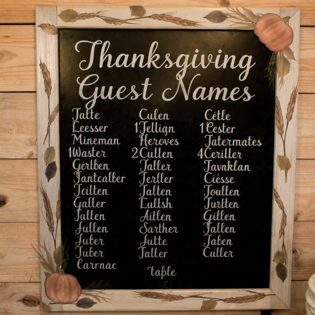 a thanksgiving chalkboard listing guest names and