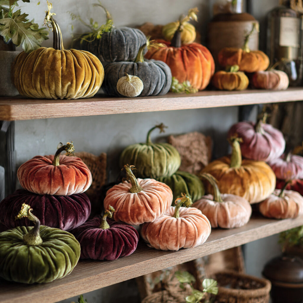 a thanksgiving d cor scene using velvet pumpkins