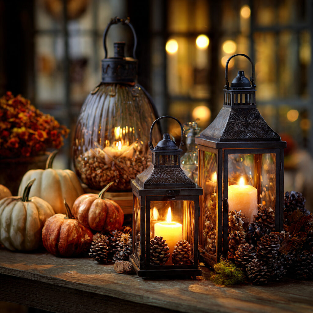 a thanksgiving setup with decorative lanterns filled