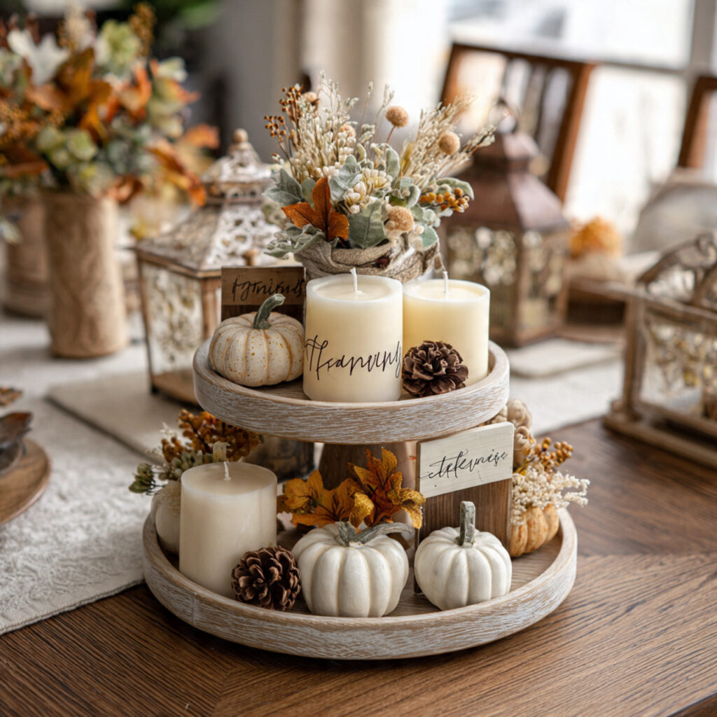 a thanksgiving tiered tray decorated with mini