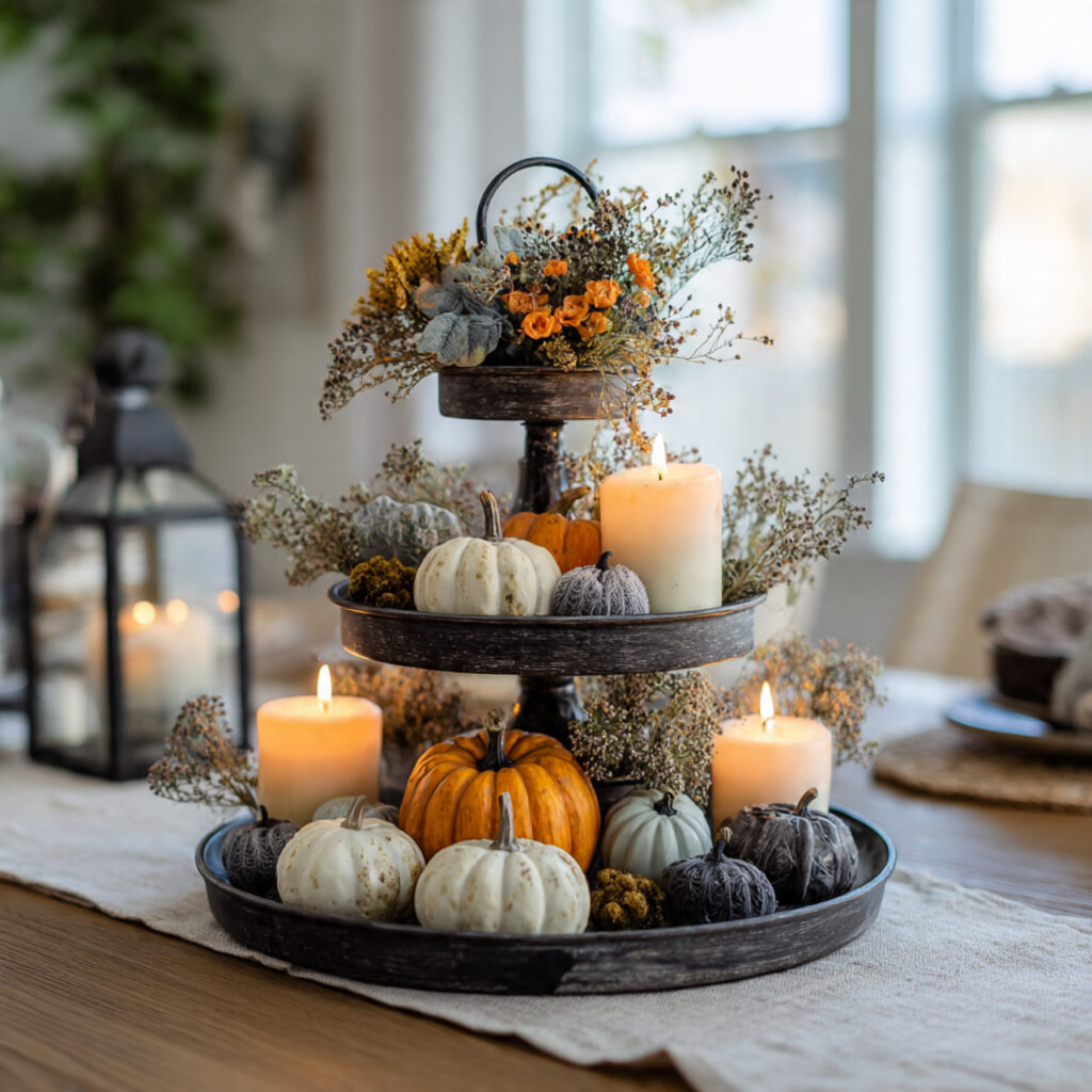 a tiered tray halloween centerpiece styled with