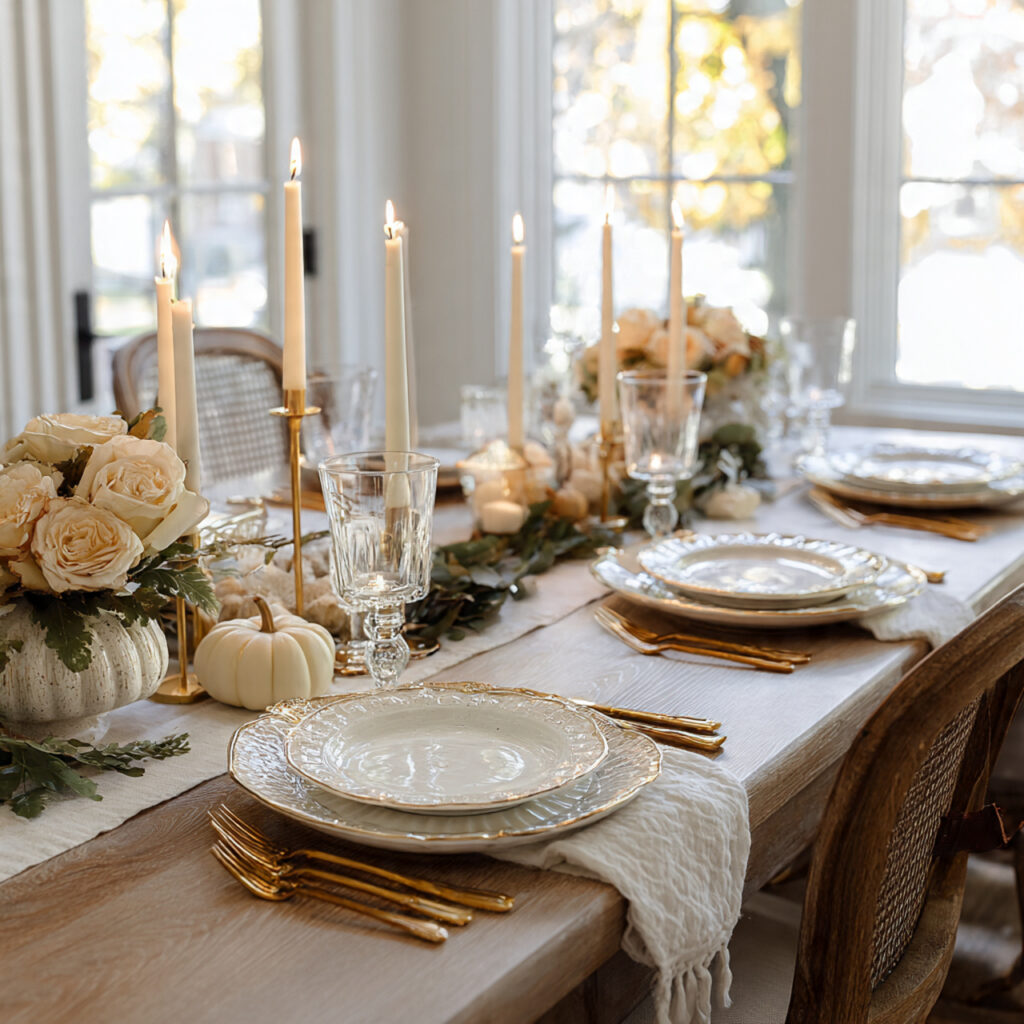 a timeless thanksgiving table with beautiful plates