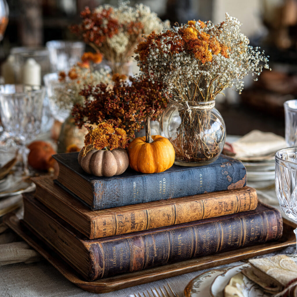a unique thanksgiving centerpiece by stacking vintage