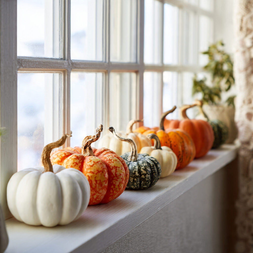 a windowsill decorated with small pumpkins and