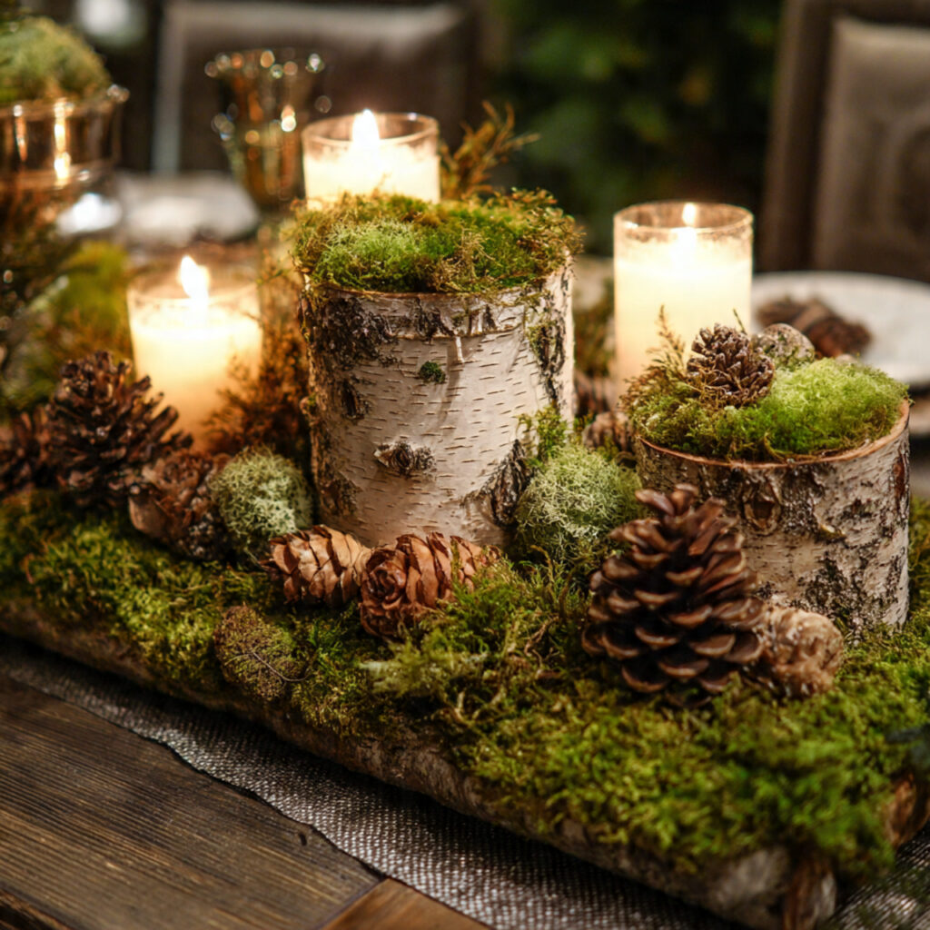 a woodland inspired thanksgiving centerpiece using birch log