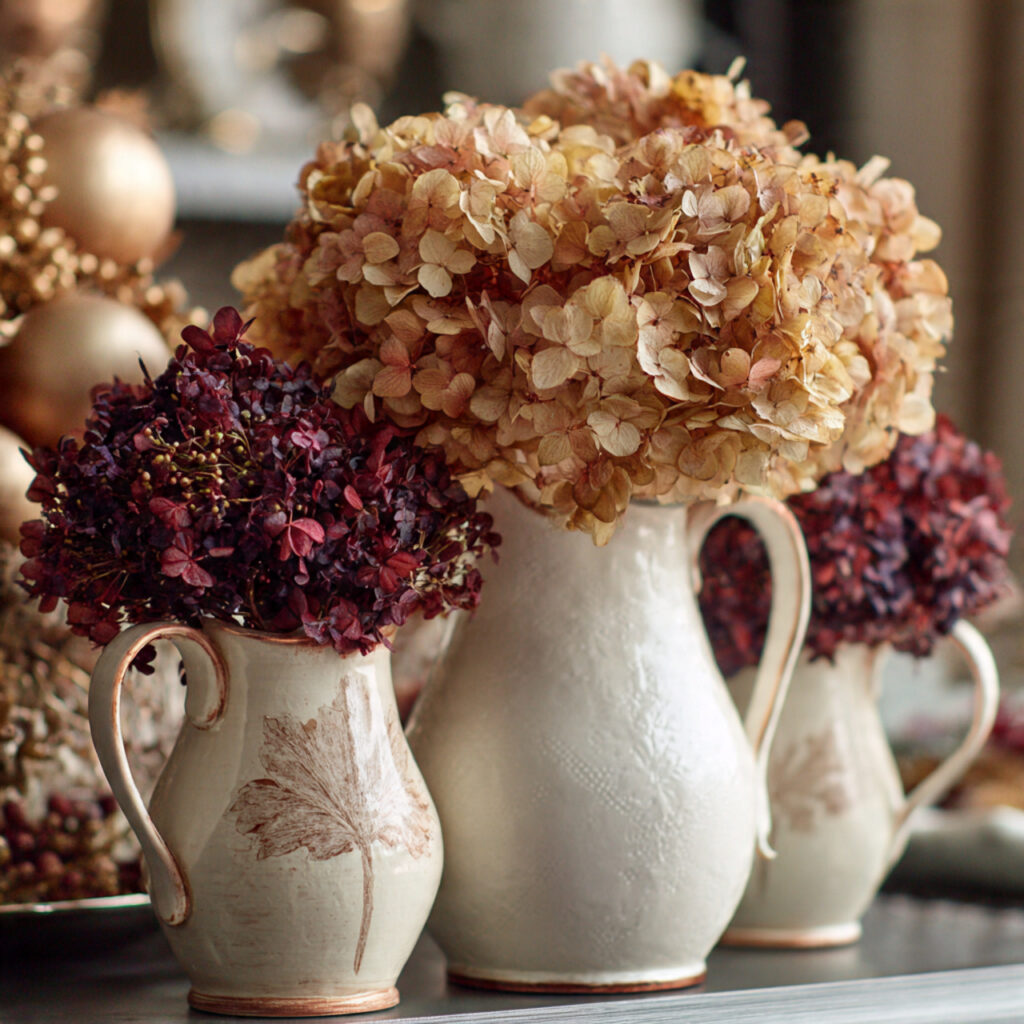 an elegant thanksgiving centerpiece featuring dried hydrangeas