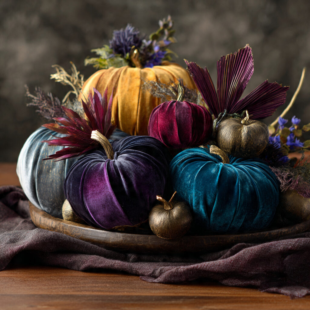 autumn centerpiece featuring velvet pumpkins in je
