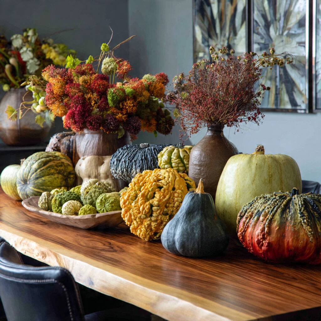 autumn centerpiece with unusual gourds of differen
