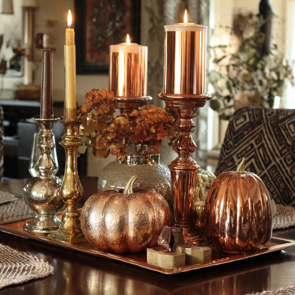 autumn table centerpiece featuring copper and gold