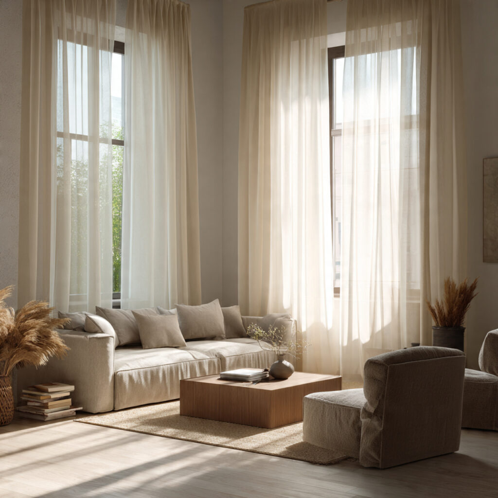 bright living room with sheer beige curtains glowi