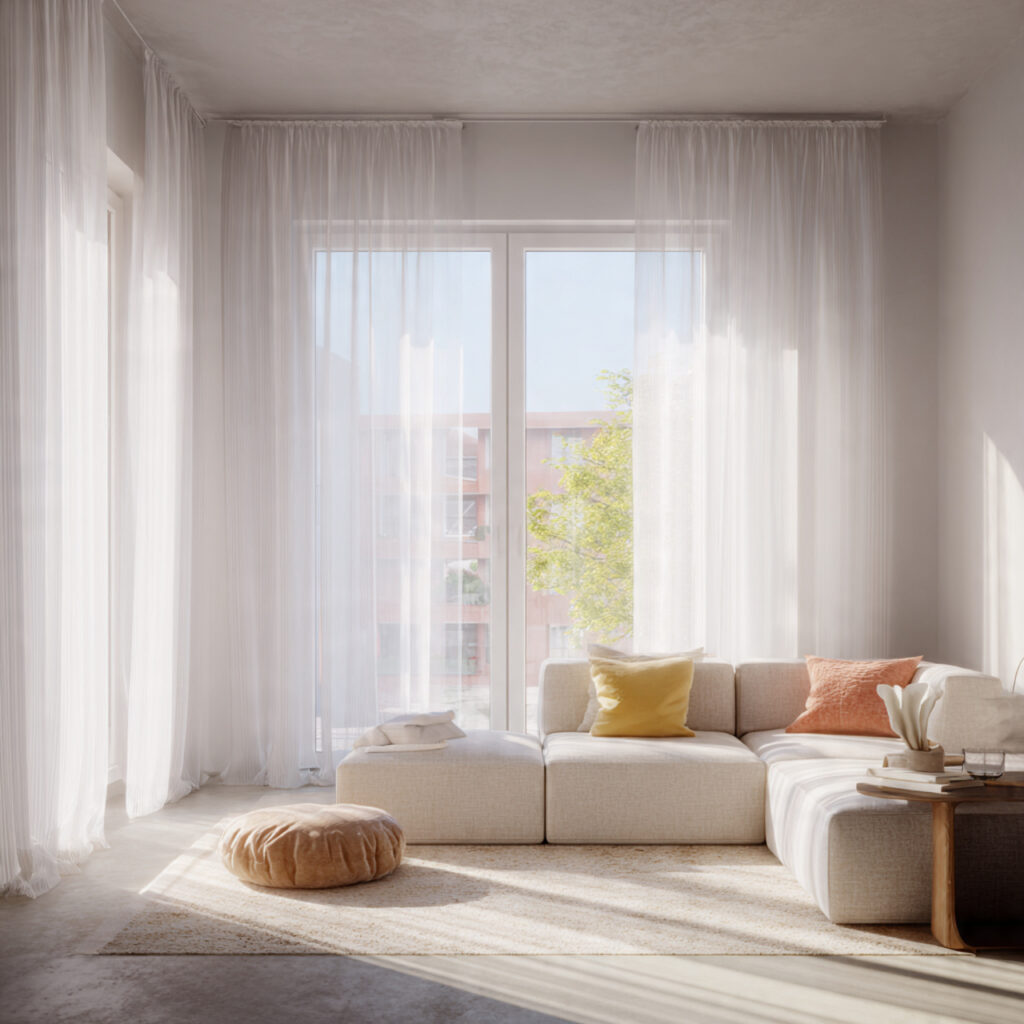22 Small Apartment Spring Refresh Ideas That Make Your Space Feel Bigger and Brighter 2 Floor-to-Ceiling Sheer White Curtains