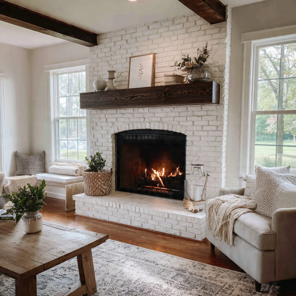bright modern farmhouse fireplace with white painted