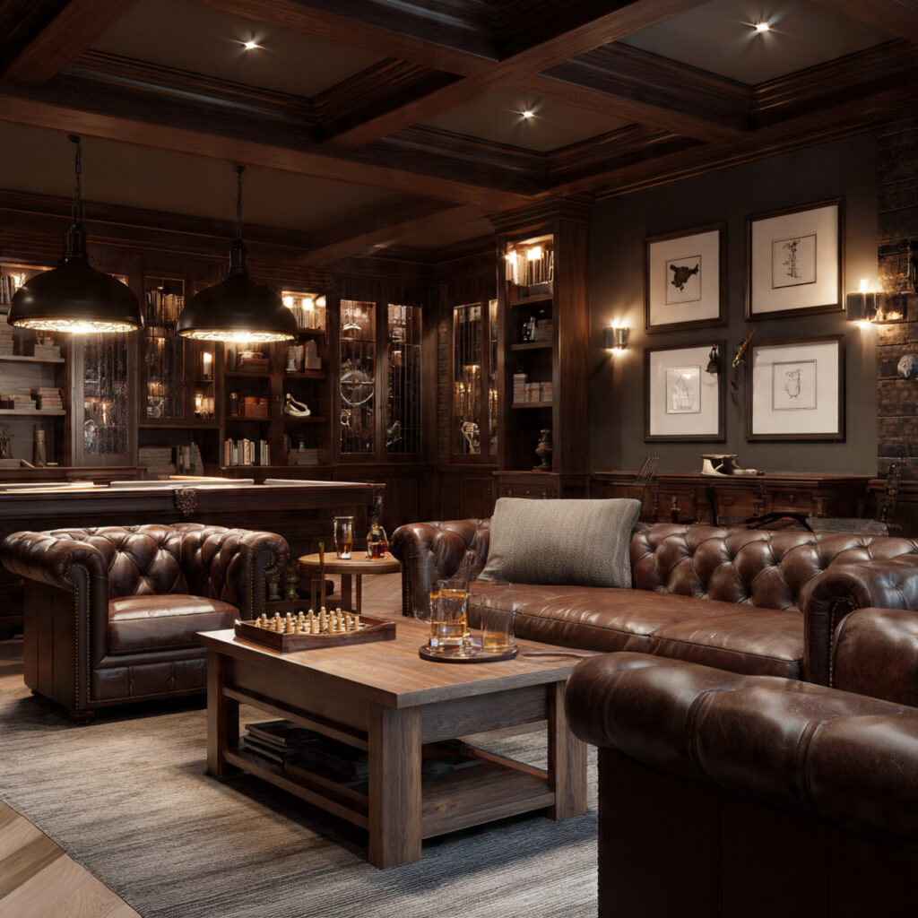 23 Classy Man Cave Ideas That Feel Stylish, Cozy, and Grown-Up 16 classy man cave with walnut and mahogany