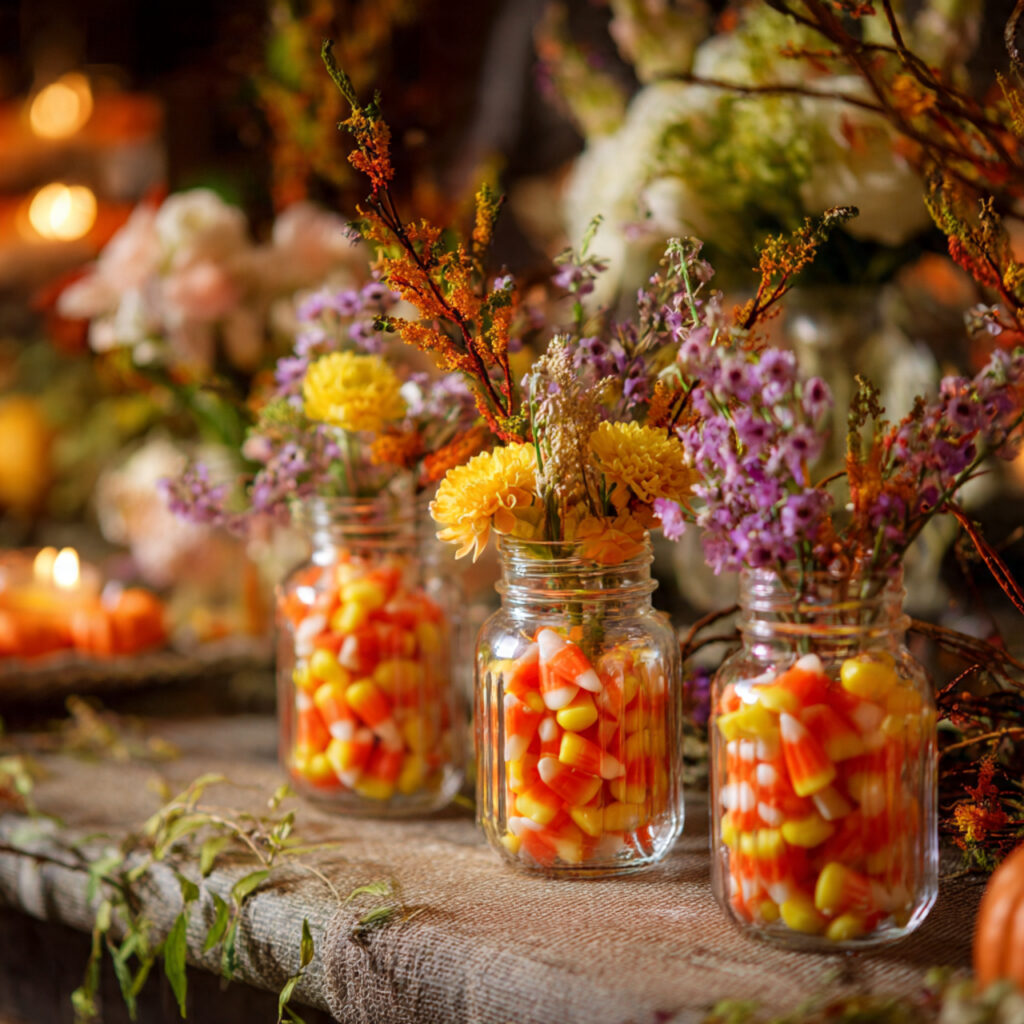clear glass vases filled with candy corn