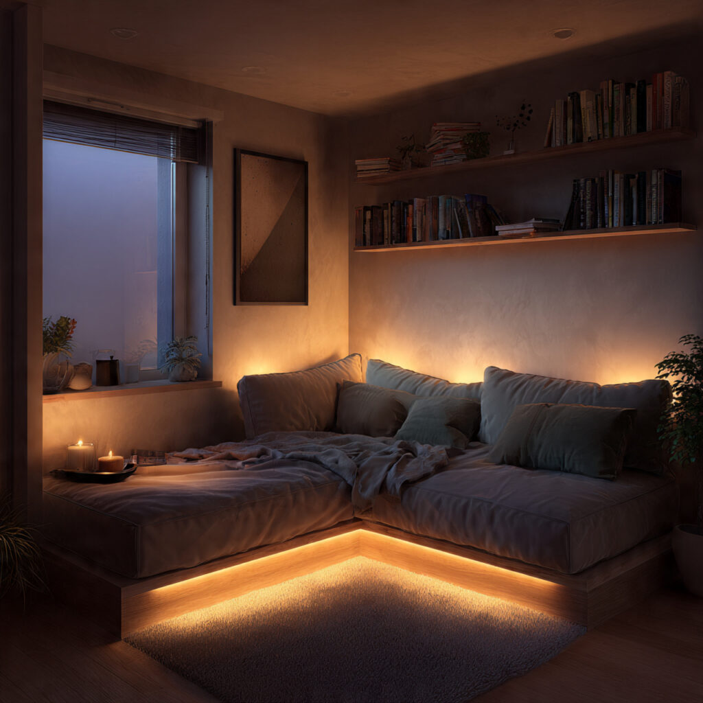 22 Small Apartment Spring Refresh Ideas That Make Your Space Feel Bigger and Brighter 15 Under-Furniture Lighting