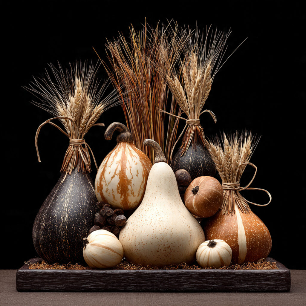 decorative gourds arranged with tied wheat bundles